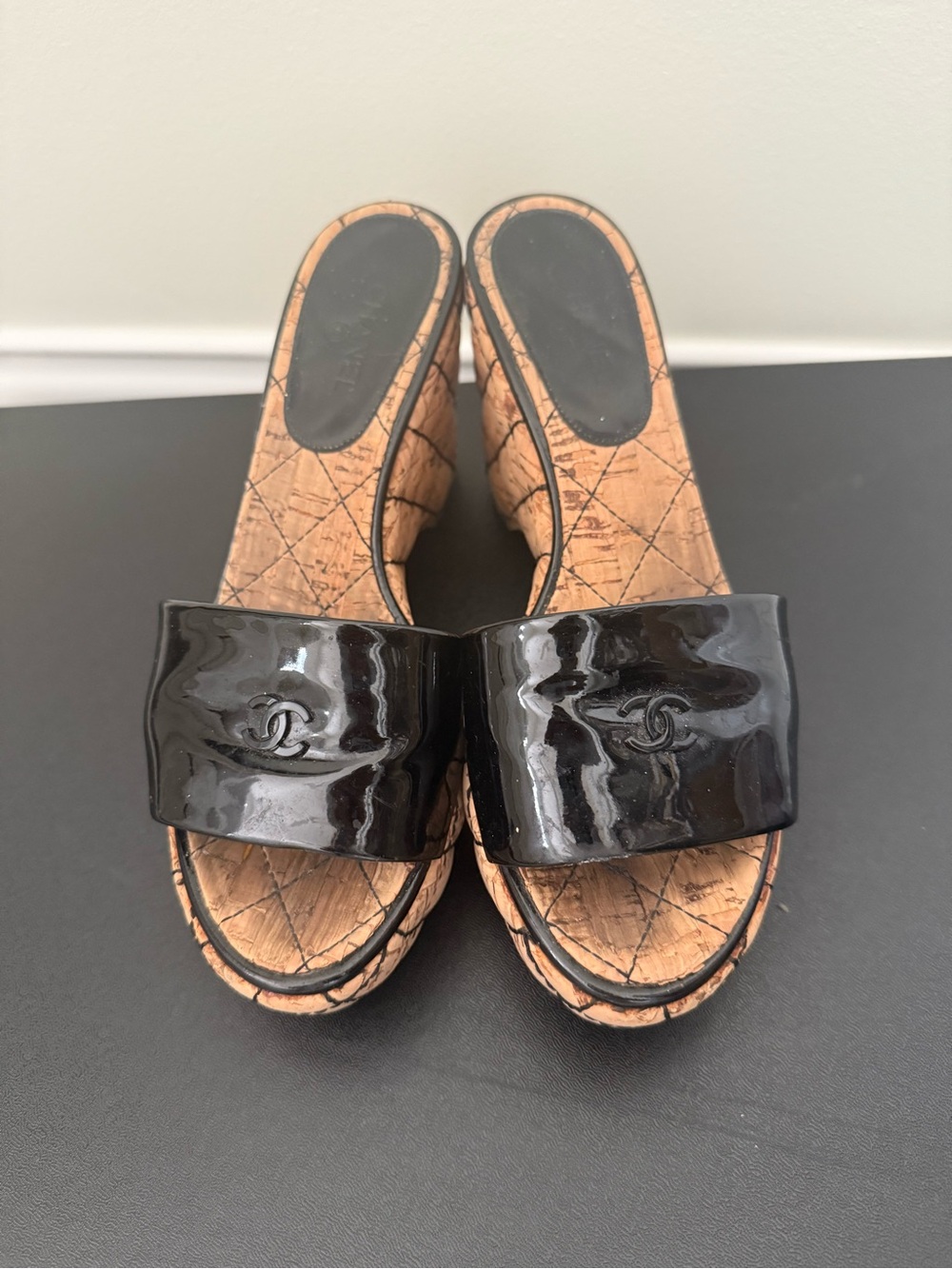 CHANEL Black Patent Leather Slide Clogs with Cork-Effect Platform